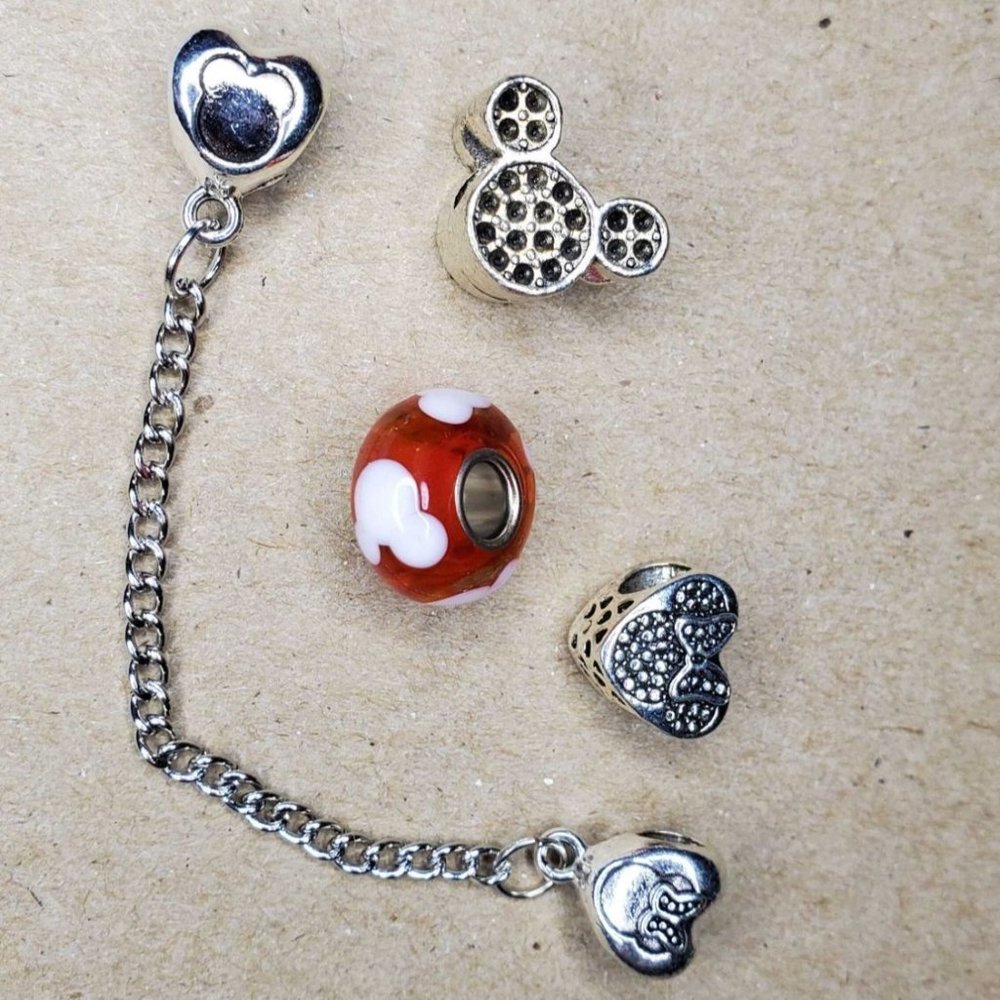 Set of 4: Mickey Mouse Beads - Safety Chain, Glass Bead & More. Create Own Brace - Picture 1 of 4